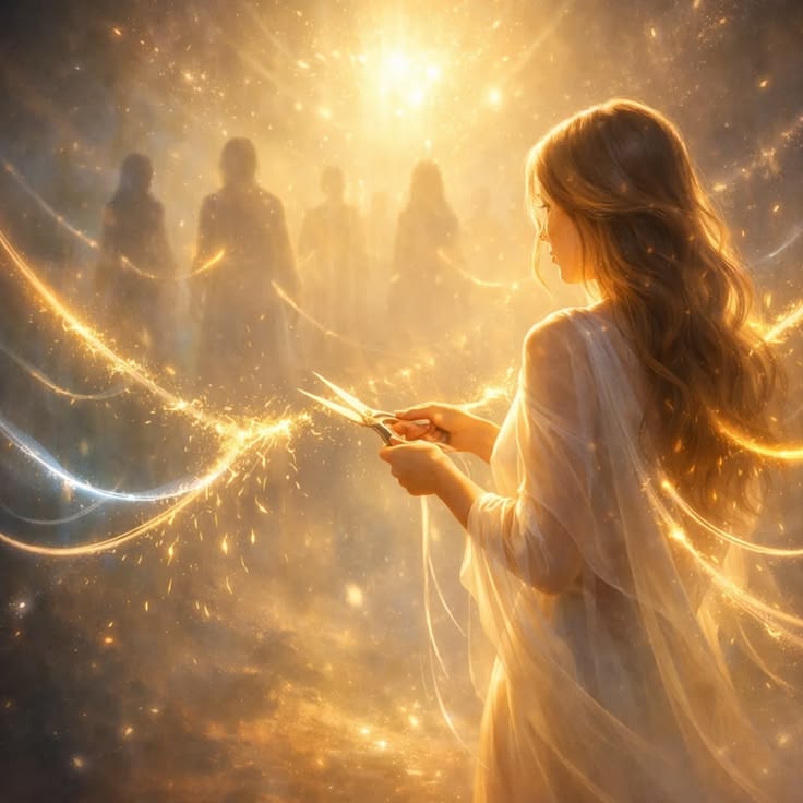 Mulher cortando laços energéticos dourados com tesoura em luz celestial